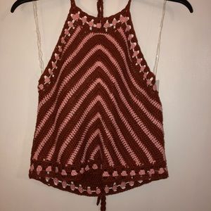🎃Red & Pink Striped Crochet Halter Crop Top🎃